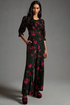Deals ???? Farm Rio Smocked Jumpsuit BLACK MOTIF ????