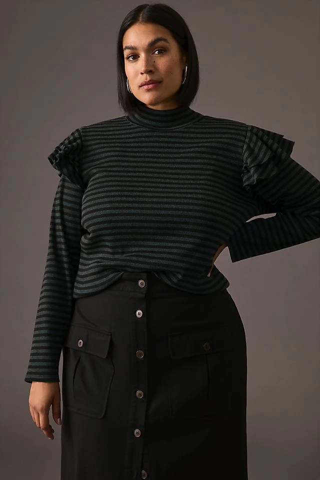 Best Sale ???? T.La Ruffled Turtleneck Top GREEN MOTIF ???? - Image 5