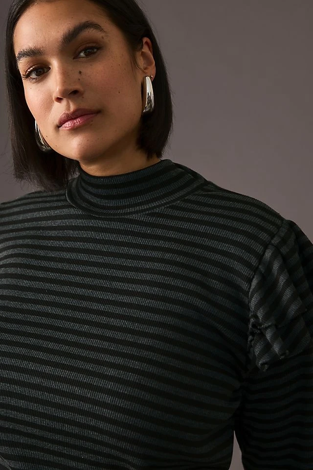 Best Sale ???? T.La Ruffled Turtleneck Top GREEN MOTIF ???? - Image 6