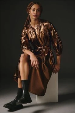 Buy ???? Mare Mare X Anthropologie Shine Faux Leather ???? Shirt ???? Dress BRONZE ????