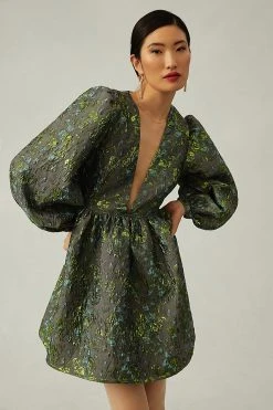 Best deal ???? Corey Lynn Calter Deep-V Jacquard ???? Dress GREEN MOTIF ????