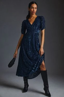 Best reviews of ???? Hutch Puff-Sleeve Velvet ???? Dress NAVY ????
