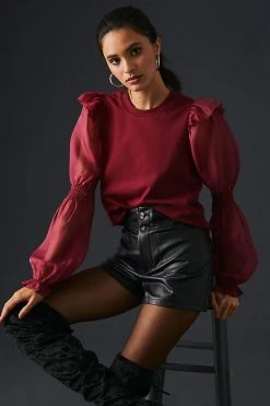 Promo ⭐ English Factory Ruffled Puff-Sleeve Blouse WINE ????