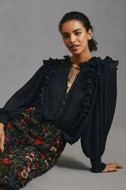 Outlet ???? By Anthropologie Pleated Ruffled Blouse BLACK ????