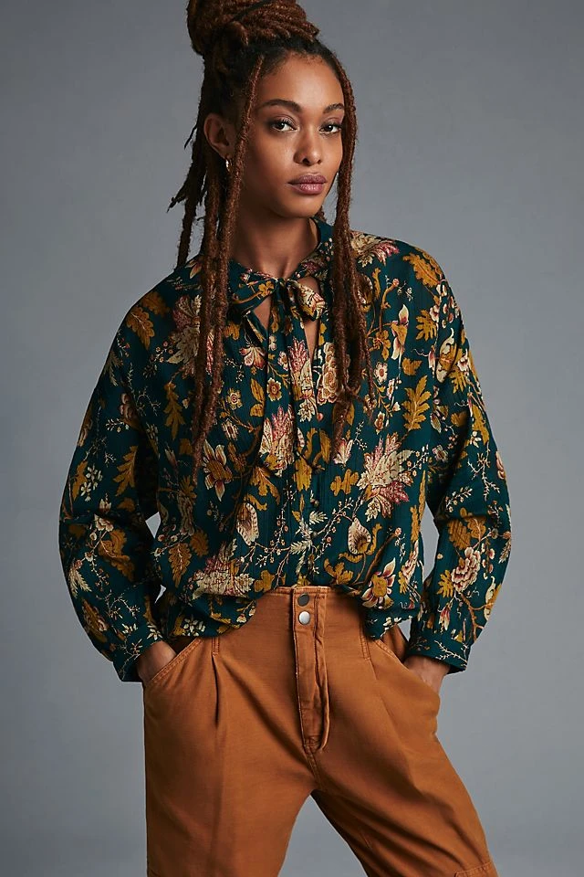 Coupon ???? Pilcro Tie-Neck Blouse DARK TURQUOISE ????