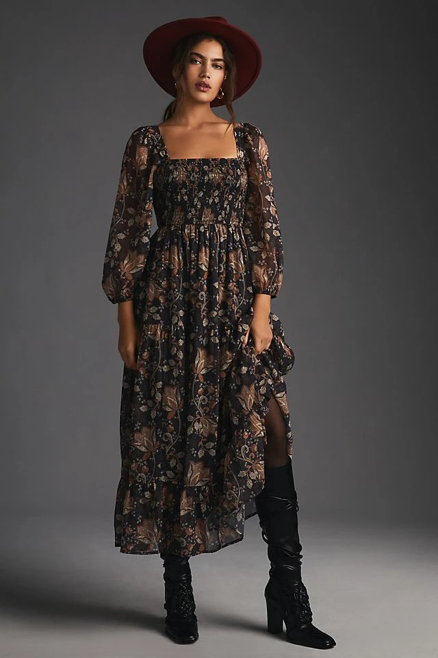 Flash Sale ???? Let Me Be Square-Neck Smocked Maxi ???? Dress MEDIUM ORANGE ????