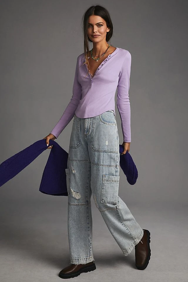 Budget ???? Pilcro Ribbed Henley Top LAVENDER ???? - Image 3