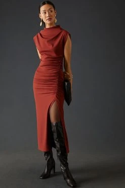 Best deal ⌛ By Anthropologie Ruched Cowl-Neck ???? Dress Dark Red ????