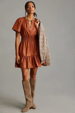 Budget ⌛ The Somerset Collection By Anthropologie The Somerset Mini ???? Dress: Faux Leather Edition BROWN ????
