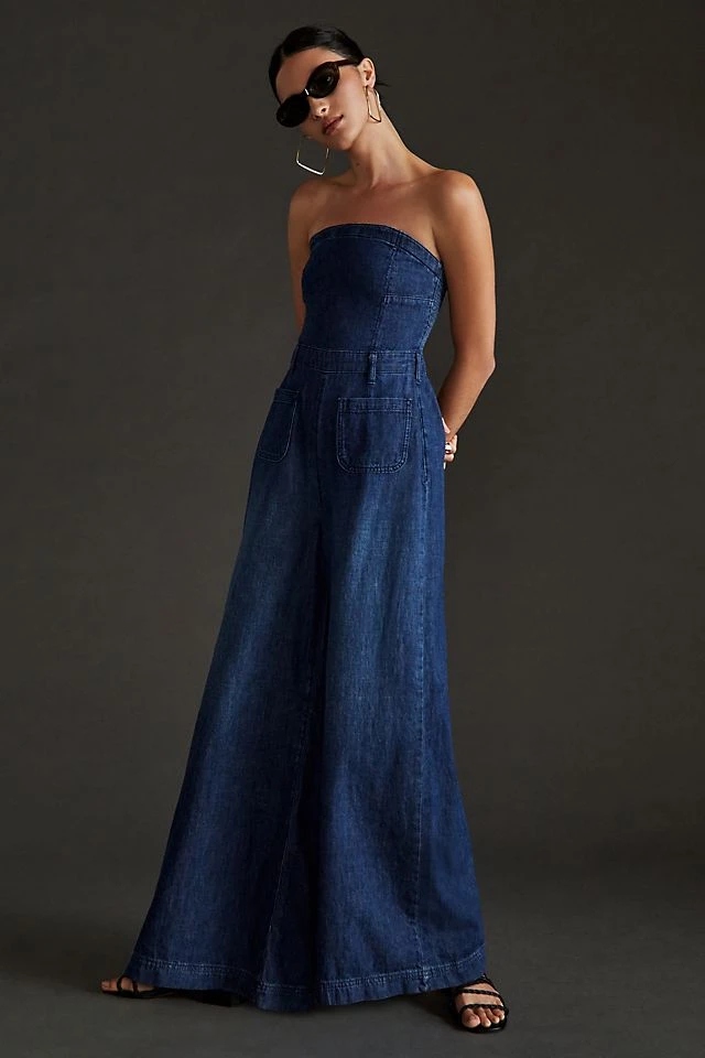 Deals ???? Pilcro Strapless Polished Wide-Leg Jumpsuit DARK RUE WASH ????