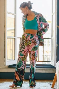 Coupon ???? By Anthropologie Raphael Balme For Anthropologie Peacock Flannel Sleep Pants PINK COMBO ????