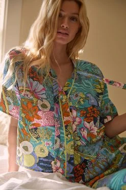 Deals ⌛ By Anthropologie Utility Lounge Top BLUE MOTIF ????